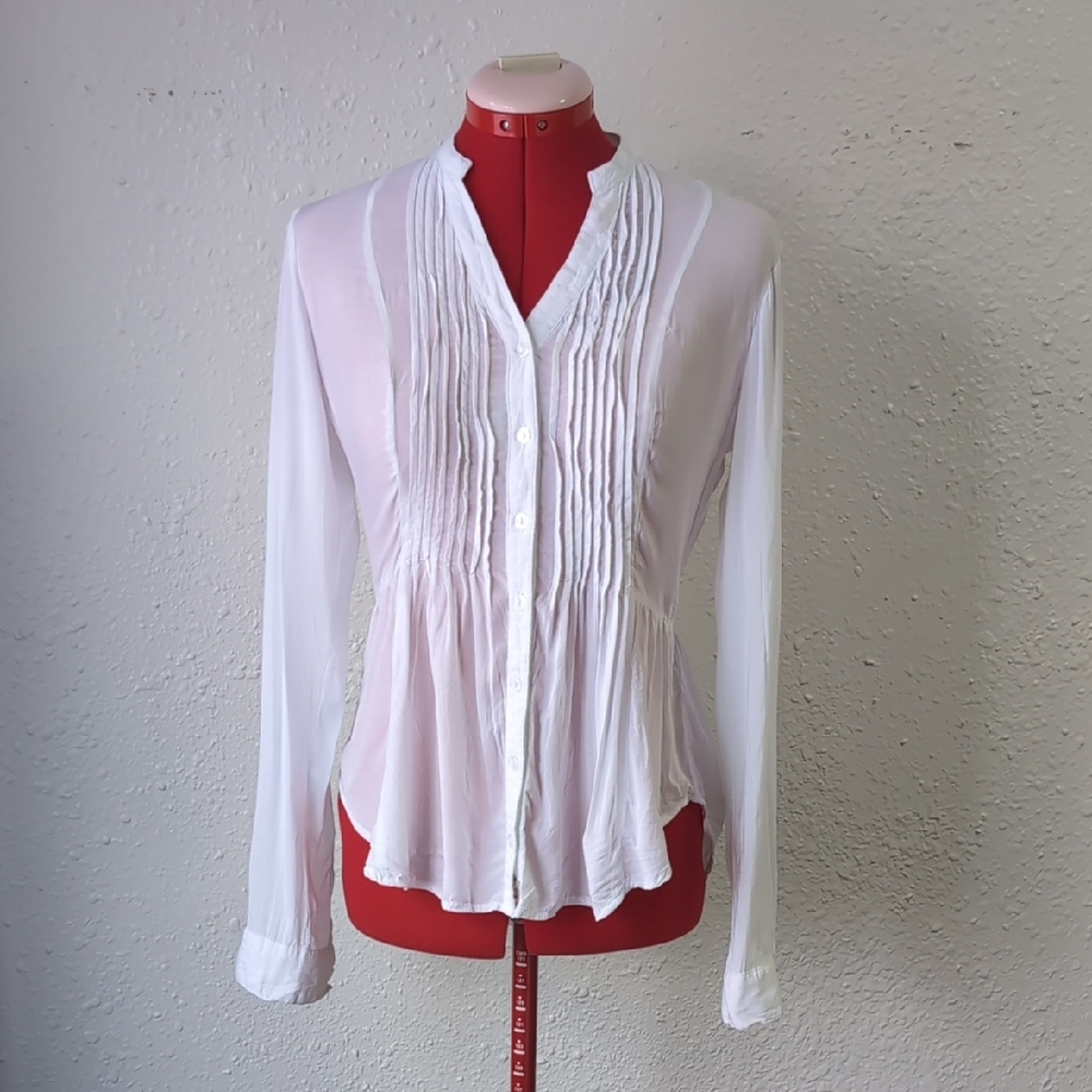 Love Tree White Pleated Flowy Semi Sheer Blouse, Women's Small